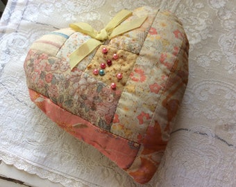 Vintage Shabby Chic Pin Cushion, Heart Patchwork, with Pins