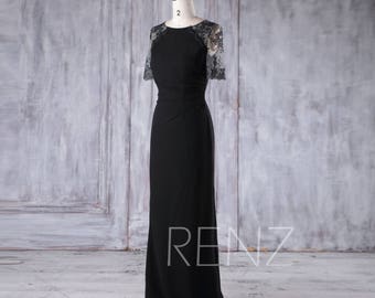 Black Chiffon Bridesmaid Dress,Lace Short Sleeves Wedding Dress,Mother of Bride Dress,Illusion Back Evening Dress,Women Formal Dress(H375)
