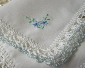Blue Handkerchief, Hanky, Hankie, Bridal, Something Blue, Hand Crochet, Lace, Lacy, Embroidered, Personalized, Ready to ship