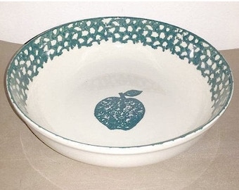 Vintage Green Spongeware Serving Bowl,Folk Art Spongeware, Apple,Green Stoneware Bowl,Speckleware,Speckled Vegetable Bowl,Folkcraft,Tienshan