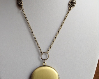 Long Locket Necklace, large round locket, vintage look locket necklace, long locket, bronze locket
