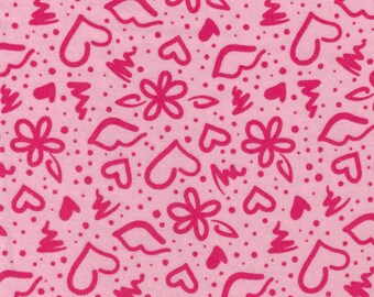 Pink Hearts & Flowers Flannel - Graffiti Pink - 100% Cotton Flannel Fabric