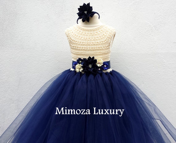 Ivory Navy Flower girl dress, Ivory and Navy tutu dress, navy cream bridesmaid dress, cream navy blue princess dress, ivory navy wedding