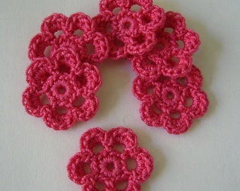 Mini Six Crocheted Flowers - Hot Pink - Cotton Flowers - Set of 6 - Crocheted Flower Embellishments - Crocheted Flower Appliques