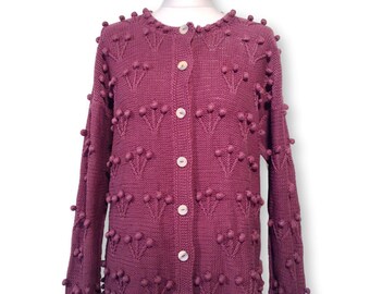 Vintage Purple Bohemian Cardigan /70s / knitwear /chunky cardigan /bohemian cardigan / hippy cardigan / boho jumper / pom pom jumper