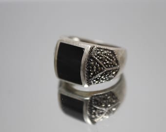 925 - Black Onyx & Marcasite Wide Modernist Style Right Hand Ring in Sterling Silver