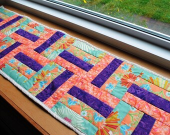 Handmade Quilted Table Runner Purple Orange Green