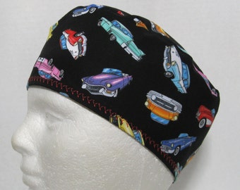 Mens Scrub Hat, Surgical Cap or Skull Cap with Classic Cars