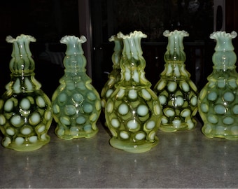 Fenton Glass coin dot Topaz opalescent vaseline glass Lamp Base candle holder vase new old stock 1940's