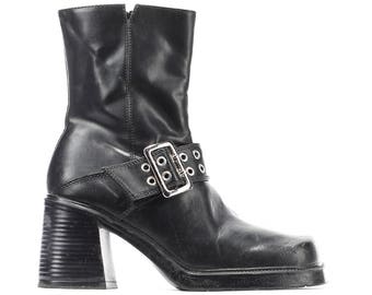 size 5 Platform Ankle Boots Vintage 90s Vegan Chunky Stack Rave Club Boots Black Faux Leather Zip Up Block Heel Eur 35.5 UK 2.5