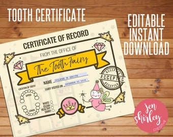Tooth Fairy Certificate, Tooth Certificate, Tooth Fairy Printable, Official Tooth Fairy, Customized, Custom, Printable, Editable, Instant