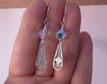 handmade sterling silver earrings,clear AB swarovski crystal earrings,weddings,ornate silver earrings