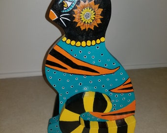 Whimsical bohemian handpainted cat papertowel holder.