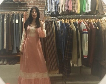 Vintage Seventies Cotton and Lace Victorian Gown. Dusty Rose. Size Small
