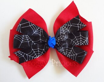 Spiderman Bow - Red Blue and Black Pinwheel Bow - No Slip Velvet Grip Hair Clip