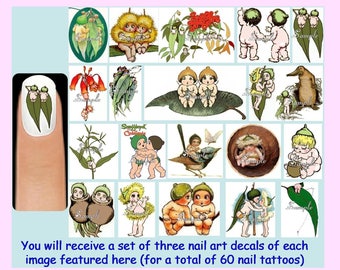 60x GUMNUT BABIES Nail Art Decals + Free Rhinestones Gum Nut Snugglepot and Cuddlepie Baby Leaf May Gibbs &