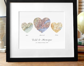 Heart Map Print, Wedding or Engagement Gift, Three Map Heart, Custom Wedding Gift, We met we wed we married
