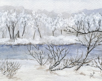 Winter Watercolor Print - Christmas Scene 5" x 7"