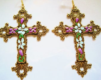 Large cross earrings Byzantine very large handpainted statement earrings Art Nouveau vintage style Art Deco baroque cross gothic earrings