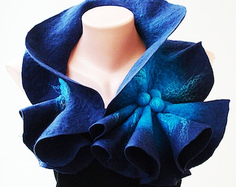 Felted Wool Scarf-Neckpiece-Collar. Dark blue & bright blue shibori scarf. Large size Organic eco scarf. Winter Accessories. For her.