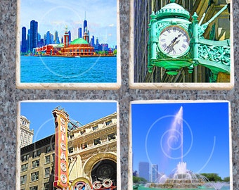 Chicago Coasters Heat Set, Set of 4 Tumbled Marble