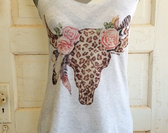 Leopard Bull Skull western tank / cow skull / graphic tank / steer skull / tri-blend racerback / cowgirl / southwestern / western