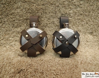 Potion flask to put on a belt, metal flask with leather support, SCA, LARP safe.