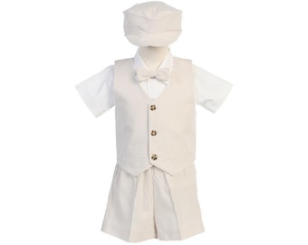 Suit boy blue beige and white set for boy with short pants, bow tie, shirt and Cap beret vest