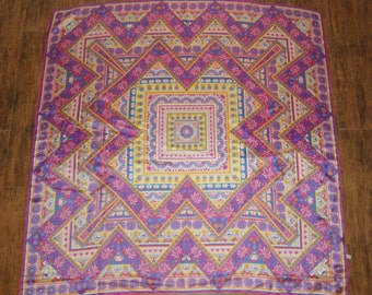 Vintage Scarf, Floral fantasy in lively pastels, Large 43 inch Acetate square, Rolled and hemmed edges, Made in Japan, Bonus brooch