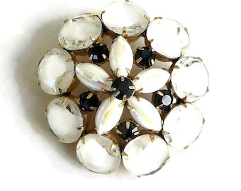 Vintage JULIANA style White Givre Cut Glass Brooch with White, Yellow and Pink Givre Rhinestones & Black Accents