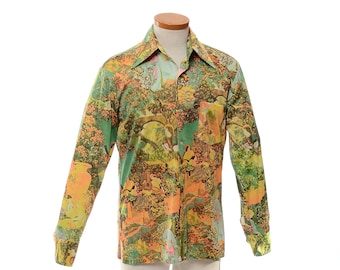 Vintage 70s Fantasy Print Nylon Disco Shirt 1970s Cue Cloth by Troy Hippie Fields Flower Child Middle Ages Graphic Pimp Shirt / mens M