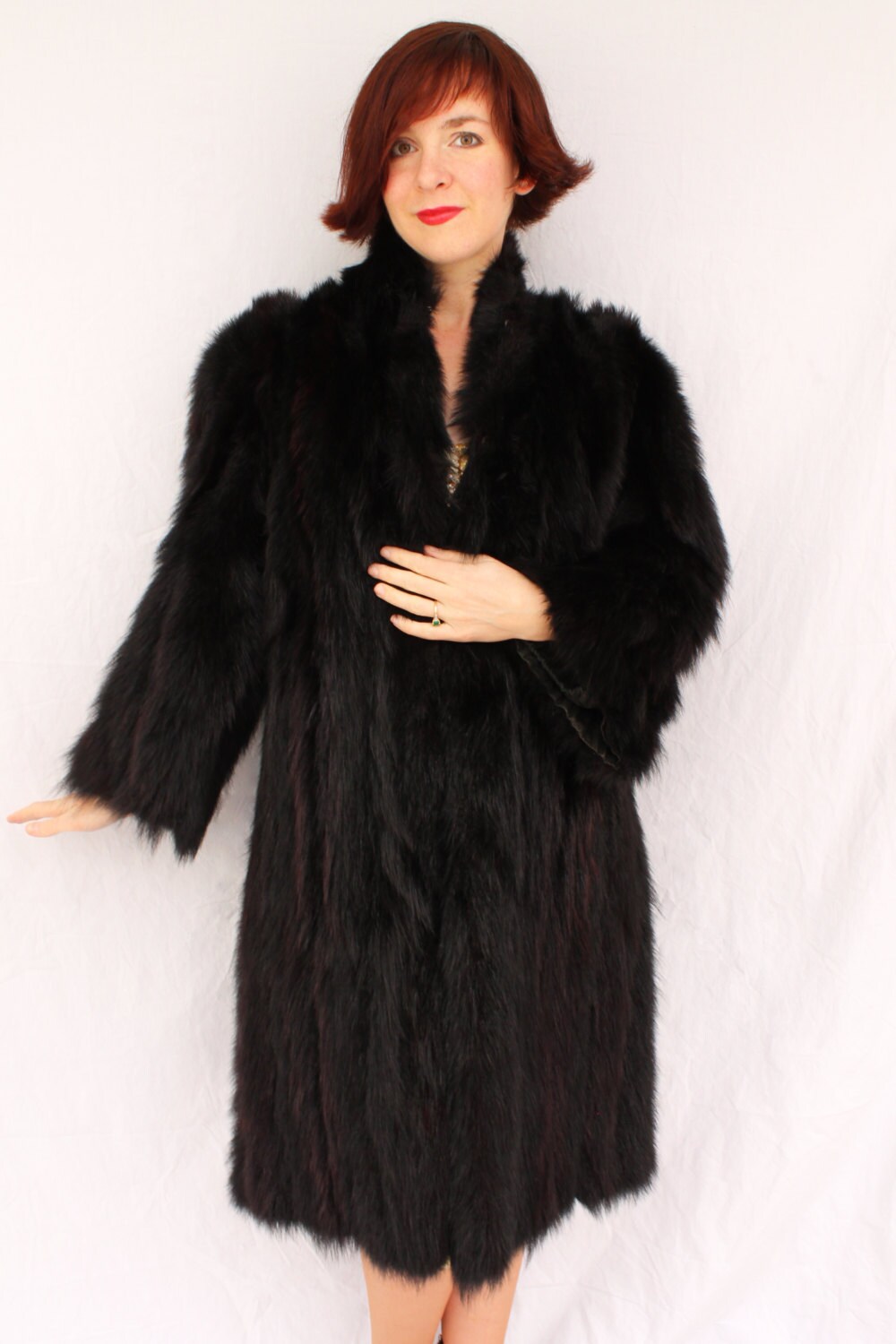 Gorgeous 1940s Black Skunk Fur Full Length Coat SIZE SMALL