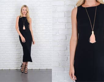 Vintage 80s 90s Black Maxi Dress Sleeveless Stretch knit XS Small S 10024