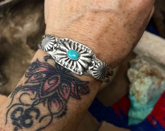 Sterling Silver and Turquoise Concho and Star Cuff Bracelet - Turquoise Jewelry - Chatfields Jewelry - Southwestern Jewelry - Horse Jewelry