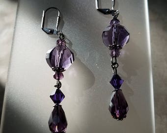Swarovski Purple Velvet Crystal and Gunmetal Leverback Dangle Earrings