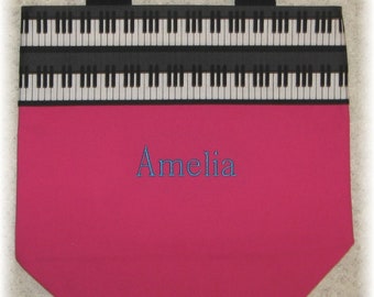 PIANO music lesson book bag, hot pink canvas tote bag personalized for kids child recital birthday gift idea keyboard embroidered musician