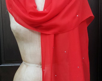 Red Chiffon Shawl Wrap Scarf with Rhinestones