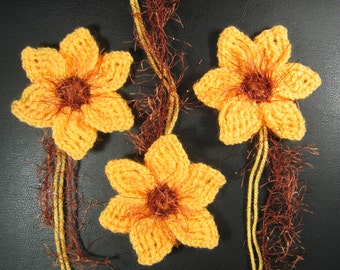Hand knitted crochet large flowers daffodils narcissus applique decoration for corsage brooch hairband light yellow and copper