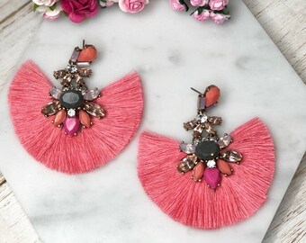 Coral Pink Rhibestone Tassel Statement Earrings