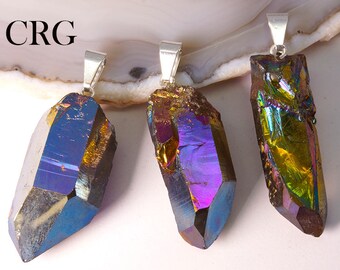 Rainbow Pink Titanium Aura Quartz Crystal Point Pendant w/ Silver Bail (PT30CN)