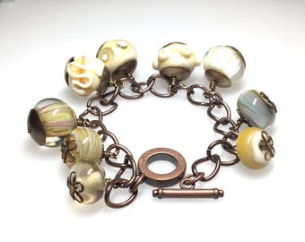 Handmade Glass Beaded Bracelet/Handmade Ivory Glass Bead Bracelet/Ivory Glass and Copper Bracelet/Ivory Bracelet
