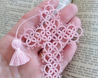 Cross Bookmark Tatted Pink Lace Tatting