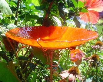 HOUSEWARMING Gift, Stained Glass, BIRD BATH, 8.5" diameter, Red Orange, copper garden art, bird feeder, Garden gift, suncatcher