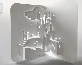 Papercut Template Pop-up Card “Castle”, Instant Download, SVG, PDF, DIY, Cut&Glue Own 3d Pop-up Card 90 deg