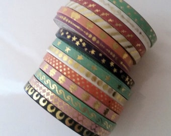 Skinny washi tape rolls - gold foil - dots, stars, moons, waves, lines, stripes, hearts, quartrefoil in pastel pink, peach, mint, purple