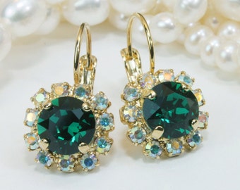 Emerald Crystal Earrings Emerald Green Christmas Earrings Emerald Swarovski Crystals Drop Earring AB Halo Emerald Wedding,Gold,Emerald, GE96