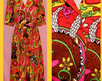 60s/70s psychedelic hippie mod flower power two piece button down shirt and skirt set