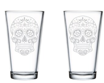 Sugar Skull- Pint Glass- Set of 2- Day of the Dead-Gift