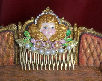Baroque Vivid Hand Painted Cherub Angel Crystal Hair Comb