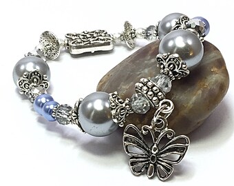 Beaded Stretch Bracelet - Stacking Bracelet - Bohemian Stretch -Boho Bracelet -Jewelry Gift for Her - Silver & Blue Bracelet